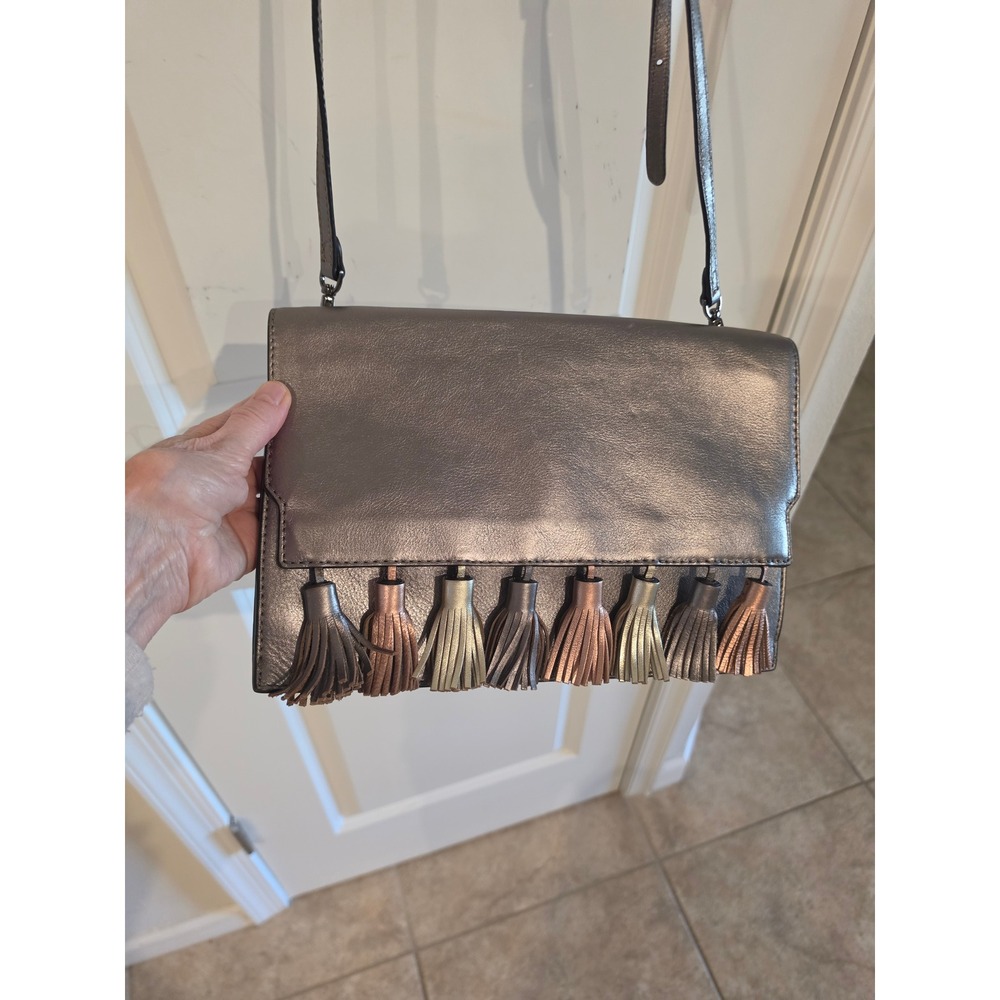 Rebecca Minkoff Metallic Pewter Leather Tassel Crossbody Bag Clutch Gunmetal - Picture 2 of 10